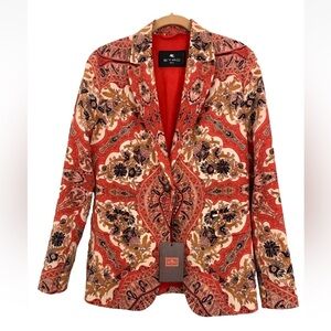 ETRO Jacket Red Beige Multi-Print 100% Silk Front Button Packets Size 46 NWT